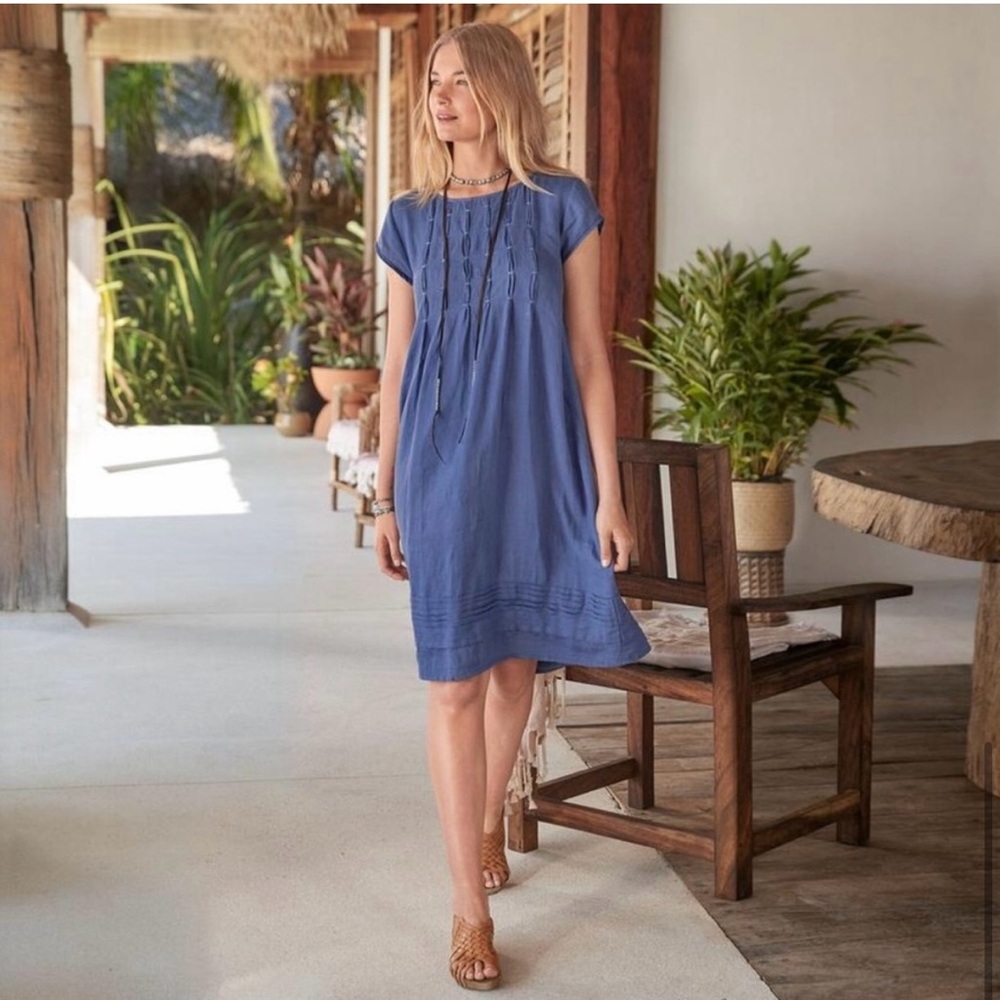 Sundance Linen Pleated PinTuck Viv Day Relaxed Shift Blue Dress SMALL